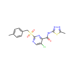 Cc1ccc(CS(=O)(=O)c2ncc(Cl)c(C(=O)Nc3nnc(C)s3)n2)cc1 ZINC000008917465