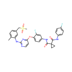 Cc1ccc(CS(C)(=O)=O)cc1Nc1nccc(Oc2ccc(NC(=O)C3(C(=O)Nc4ccc(F)cc4)CC3)cc2F)n1 ZINC000169350837