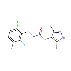 Cc1ccc(Cl)c(CNC(=O)Cc2c(C)n[nH]c2C)c1F ZINC000084689686