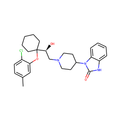 Cc1ccc(Cl)c(OC2([C@@H](O)CN3CCC(n4c(=O)[nH]c5ccccc54)CC3)CCCCC2)c1 ZINC000028336520
