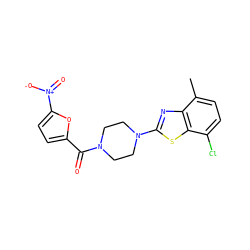 Cc1ccc(Cl)c2sc(N3CCN(C(=O)c4ccc([N+](=O)[O-])o4)CC3)nc12 ZINC000004583557