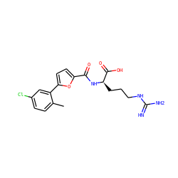 Cc1ccc(Cl)cc1-c1ccc(C(=O)N[C@H](CCCNC(=N)N)C(=O)O)o1 ZINC000028707132