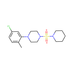 Cc1ccc(Cl)cc1N1CCN(S(=O)(=O)N2CCCCC2)CC1 ZINC000000644432