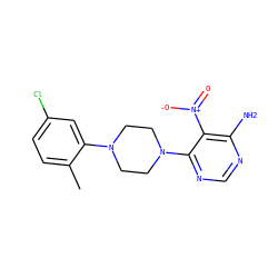 Cc1ccc(Cl)cc1N1CCN(c2ncnc(N)c2[N+](=O)[O-])CC1 ZINC000084605036