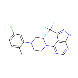 Cc1ccc(Cl)cc1N1CCN(c2ncnc3[nH]nc(C(F)(F)F)c23)CC1 ZINC000084615825