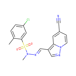 Cc1ccc(Cl)cc1S(=O)(=O)N(C)/N=C/c1cnn2ccc(C#N)cc12 ZINC000082148926