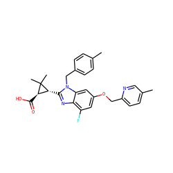 Cc1ccc(Cn2c([C@@H]3[C@@H](C(=O)O)C3(C)C)nc3c(F)cc(OCc4ccc(C)cn4)cc32)cc1 ZINC000221568337