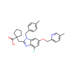 Cc1ccc(Cn2c(CC3(C(=O)O)CCCC3)nc3c(F)cc(OCc4ccc(C)cn4)cc32)cc1 ZINC000226029174