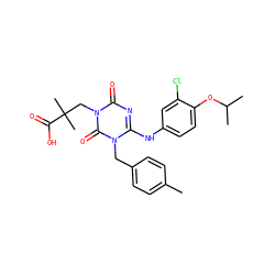 Cc1ccc(Cn2c(Nc3ccc(OC(C)C)c(Cl)c3)nc(=O)n(CC(C)(C)C(=O)O)c2=O)cc1 ZINC000200514202
