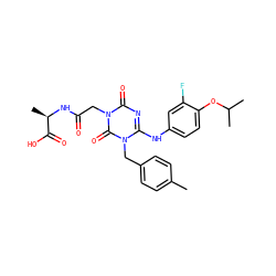 Cc1ccc(Cn2c(Nc3ccc(OC(C)C)c(F)c3)nc(=O)n(CC(=O)N[C@H](C)C(=O)O)c2=O)cc1 ZINC000204179480