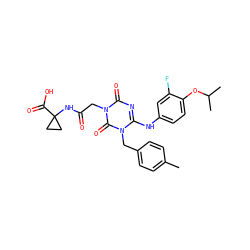 Cc1ccc(Cn2c(Nc3ccc(OC(C)C)c(F)c3)nc(=O)n(CC(=O)NC3(C(=O)O)CC3)c2=O)cc1 ZINC000204179428