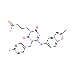 Cc1ccc(Cn2c(Nc3ccc4oc(C)cc4c3)nc(=O)n(CCCC(=O)O)c2=O)cc1 ZINC000200506287