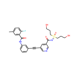 Cc1ccc(F)c(C(=O)Nc2cccc(C#Cc3cncc(C(=O)N=S(=O)(CCCO)CCCO)c3)c2)c1 ZINC001772643607