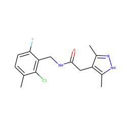 Cc1ccc(F)c(CNC(=O)Cc2c(C)n[nH]c2C)c1Cl ZINC000084703966