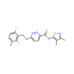 Cc1ccc(F)c(CNc2ccc(C(=O)Nc3onc(C)c3C)nn2)c1F ZINC000207423295