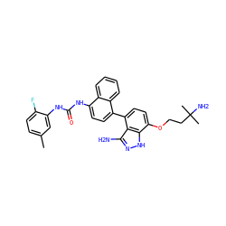 Cc1ccc(F)c(NC(=O)Nc2ccc(-c3ccc(OCCC(C)(C)N)c4[nH]nc(N)c34)c3ccccc23)c1 ZINC000205440067