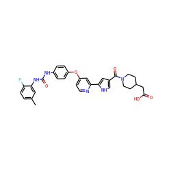 Cc1ccc(F)c(NC(=O)Nc2ccc(Oc3ccnc(-c4cc(C(=O)N5CCC(CC(=O)O)CC5)c[nH]4)c3)cc2)c1 ZINC000168860635