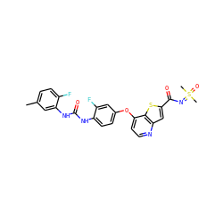 Cc1ccc(F)c(NC(=O)Nc2ccc(Oc3ccnc4cc(C(=O)N=S(C)(C)=O)sc34)cc2F)c1 ZINC000149540525