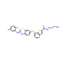 Cc1ccc(F)c(NC(=O)Nc2ccc(Oc3ccnc4cc(C(=O)NCCCN)sc34)cc2F)c1 ZINC000220037928