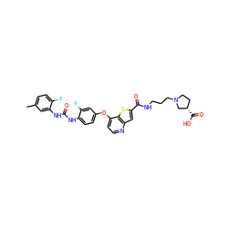 Cc1ccc(F)c(NC(=O)Nc2ccc(Oc3ccnc4cc(C(=O)NCCCN5CC[C@H](C(=O)O)C5)sc34)cc2F)c1 ZINC000220042568