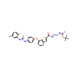 Cc1ccc(F)c(NC(=O)Nc2ccc(Oc3ccnc4cc(C(=O)NCCNC(=O)OC(C)(C)C)sc34)cc2F)c1 ZINC000220026059