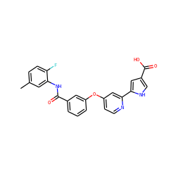 Cc1ccc(F)c(NC(=O)c2cccc(Oc3ccnc(-c4cc(C(=O)O)c[nH]4)c3)c2)c1 ZINC000116235706