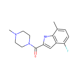 Cc1ccc(F)c2cc(C(=O)N3CCN(C)CC3)[nH]c12 ZINC000084654852
