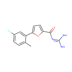 Cc1ccc(F)cc1-c1ccc(C(=O)N=C(N)N)o1 ZINC000013829395