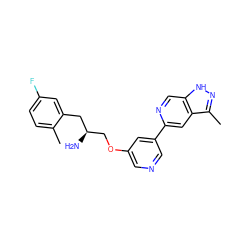 Cc1ccc(F)cc1C[C@H](N)COc1cncc(-c2cc3c(C)n[nH]c3cn2)c1 ZINC000045283413