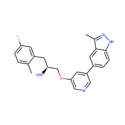Cc1ccc(F)cc1C[C@H](N)COc1cncc(-c2ccc3[nH]nc(C)c3c2)c1 ZINC000014961691