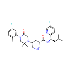 Cc1ccc(F)cc1N1CC(C)(C)N([C@H]2CNC[C@@H](C(=O)N[C@H](CC(C)C)c3ccc(F)cn3)C2)CC1=O ZINC000096283058
