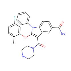 Cc1ccc(F)cc1Oc1c(C(=O)N2CCNCC2)c2cc(C(N)=O)ccc2n1-c1ccccc1 ZINC000043206834