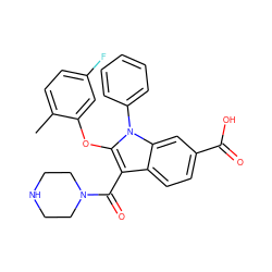 Cc1ccc(F)cc1Oc1c(C(=O)N2CCNCC2)c2ccc(C(=O)O)cc2n1-c1ccccc1 ZINC000064528338