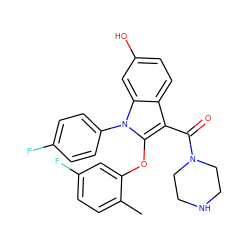 Cc1ccc(F)cc1Oc1c(C(=O)N2CCNCC2)c2ccc(O)cc2n1-c1ccc(F)cc1 ZINC000073200364