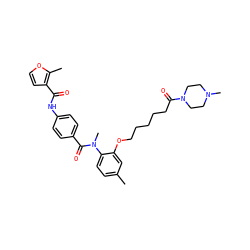 Cc1ccc(N(C)C(=O)c2ccc(NC(=O)c3ccoc3C)cc2)c(OCCCCCC(=O)N2CCN(C)CC2)c1 ZINC000026390297