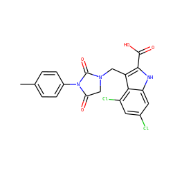 Cc1ccc(N2C(=O)CN(Cc3c(C(=O)O)[nH]c4cc(Cl)cc(Cl)c34)C2=O)cc1 ZINC000013492839
