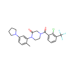 Cc1ccc(N2CCCC2)cc1N1CCN(C(=O)c2cccc(C(F)(F)F)c2Cl)CC1=O ZINC000059288560