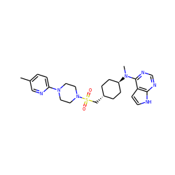 Cc1ccc(N2CCN(S(=O)(=O)C[C@H]3CC[C@H](N(C)c4ncnc5[nH]ccc45)CC3)CC2)nc1 ZINC000261097700