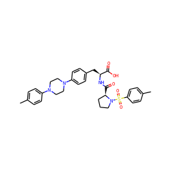 Cc1ccc(N2CCN(c3ccc(C[C@H](NC(=O)[C@@H]4CCCN4S(=O)(=O)c4ccc(C)cc4)C(=O)O)cc3)CC2)cc1 ZINC000028978628