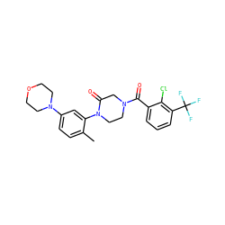 Cc1ccc(N2CCOCC2)cc1N1CCN(C(=O)c2cccc(C(F)(F)F)c2Cl)CC1=O ZINC000059286401