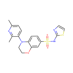 Cc1ccc(N2CCOc3cc(S(=O)(=O)Nc4nccs4)ccc32)c(C)n1 ZINC000220228575