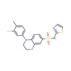 Cc1ccc(N2CCOc3cc(S(=O)(=O)Nc4nccs4)ccc32)cc1F ZINC000220194605