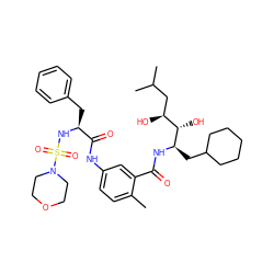 Cc1ccc(NC(=O)[C@H](Cc2ccccc2)NS(=O)(=O)N2CCOCC2)cc1C(=O)N[C@H](CC1CCCCC1)[C@@H](O)[C@@H](O)CC(C)C ZINC000169316237