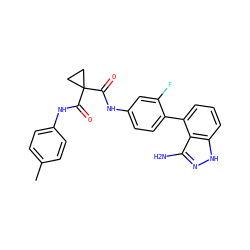 Cc1ccc(NC(=O)C2(C(=O)Nc3ccc(-c4cccc5[nH]nc(N)c45)c(F)c3)CC2)cc1 ZINC000299857113