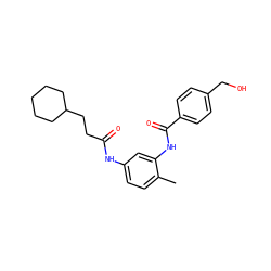 Cc1ccc(NC(=O)CCC2CCCCC2)cc1NC(=O)c1ccc(CO)cc1 ZINC000013757499