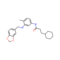 Cc1ccc(NC(=O)CCC2CCCCC2)cc1NCc1ccc2c(c1)OCO2 ZINC000027072909