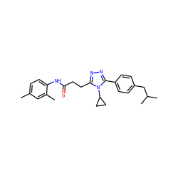Cc1ccc(NC(=O)CCc2nnc(-c3ccc(CC(C)C)cc3)n2C2CC2)c(C)c1 ZINC000653737579