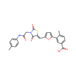 Cc1ccc(NC(=O)CN2C(=O)S/C(=C\c3ccc(-c4cc(C(=O)O)ccc4C)o3)C2=O)cc1 ZINC000002783292