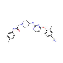 Cc1ccc(NC(=O)CN2CCC(Nc3nccc(Oc4c(C)cc(C#N)cc4C)n3)CC2)cc1 ZINC000299852516