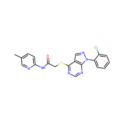 Cc1ccc(NC(=O)CSc2ncnc3c2cnn3-c2ccccc2Cl)nc1 ZINC000095558449